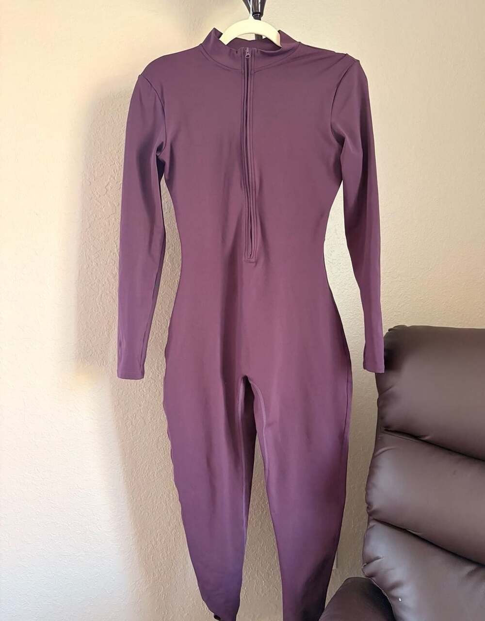 Soft Fleece Catsuit Purple Zip Front Long Sleeve Jumpsuit - Size L